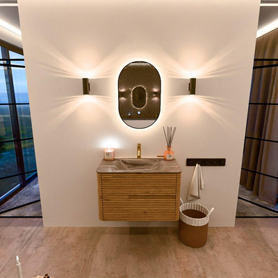 Mondiaz CIRO-DLUX Meuble de salle de bains - 80x45x50cm - Plan-vasque solid surface Sombra - 1 vasque centrale - 1 trou de robinetterie - 2 tiroirs - Chêne