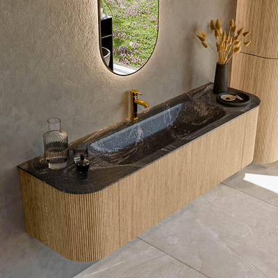 MONDIAZ KURVE-DLUX 160cm Meuble salle de bain avec module 25 G et D - couleur Oak - 1 tiroir - 2 portes - vasque BIG MEDIUM centre - 1 trou de robinet - couleur Lava