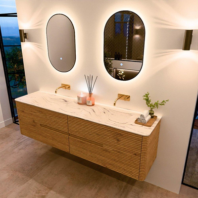 Mondiaz CIRO-DLUX Badkamermeubelset - 180x45x50cm - Solid surface wastafel Nata - 2 wasbak Dubbel - zonder kraangaten - 4 lades - Oak