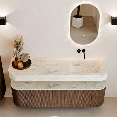 MONDIAZ THOR-DLUX 160cm badmeubel ronding links + rechts kleur Walnut met 1 lade en 2 deuren. Vrijhangende wastafel CLOUD Rechts zonder kraangat kleur Ostra.