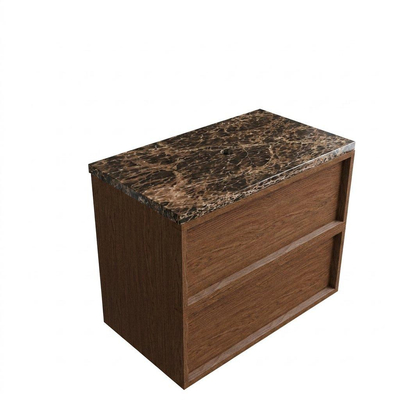 Saniclass Holz Frame Ensemble meuble de salle de bains - 80x45x63cm - Plan de travail en pierre naturelle Noche dark emperador - sans trou de robinet - 2 tiroirs - walnut pure mat (bois)