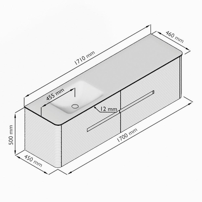 Mondiaz CIRO-DLUX Ensemble de meubles de salle de bains - 170x45x50cm - Plan-vasque Solid Surface Ostra - 1 bac à gauche - 1 trou de robinet - 4 tiroirs - Chêne