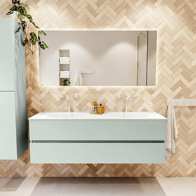 Mondiaz VICA ensemble de meuble de salle de bain - 150cm - meuble sous-vasque greey - 2 tiroirs - lavabo moon double - 2 trous de robinet - couleur talc - miroir LED - version XL 60cm de haut