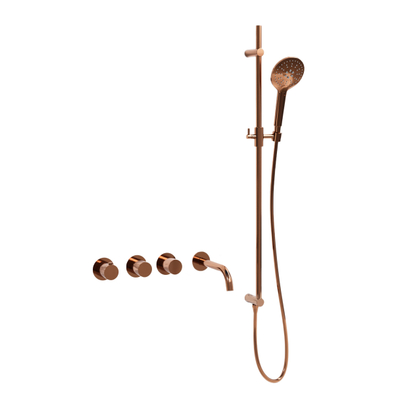 Fortifura Nebbio Ensemble combiné bain - mitigeur thermostatique - barre de glissement - coude mural intégré - flexible de douche lisse - douchette ronde - bec - cuivre brossé