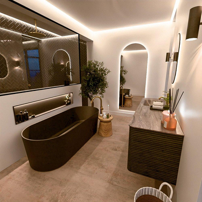 Mondiaz CIRO-DLUX Ensemble de meubles de salle de bains - 150x45x50cm - Plan vasque Solid surface Oza - 1 lavabo à gauche - 1 trou de robinet - 4 tiroirs - Shadow