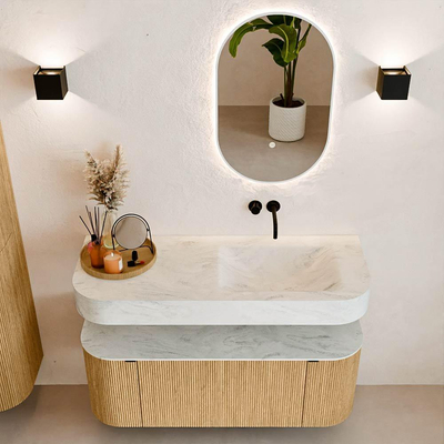 MONDIAZ THOR-DLUX 120cm badmeubel ronding links + rechts kleur Oak met 1 lade en 2 deuren. Vrijhangende wastafel CLOUD Rechts zonder kraangat kleur Opalo.
