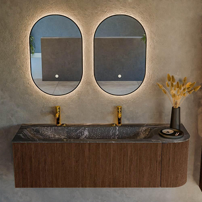 MONDIAZ KURVE-DLUX 145cm badmeubel met module 25 R kleur Walnut met 1 lade en 1 deur. Wastafel BIG LARGE links 2 kraangaten kleur Lava.