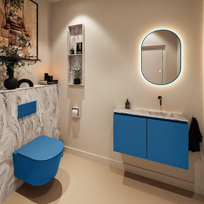 MONDIAZ TURE-DLUX Meuble toilette - 80cm - Jeans - EDEN - vasque Glace - position droite - sans trou de robinet