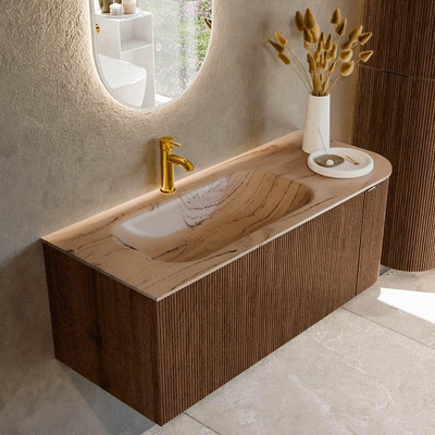 MONDIAZ KURVE-DLUX Meuble de salle de bains 115cm arrondi à droite couleur Walnut avec 1 tiroir et 1 porte. Lavabo BIG SMALL à gauche 1 trou de robinet Arena.