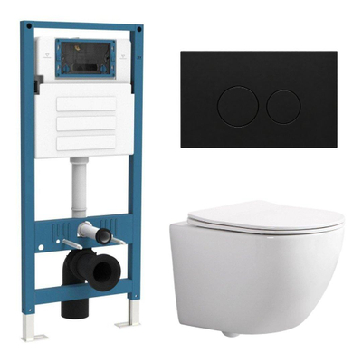 QeramiQ Dely Swirl Compact Toiletset - inbouwreservoir QeramiQ flush - slim zitting - metalen bedieningsplaat mat zwart - ronde knoppen - glans wit