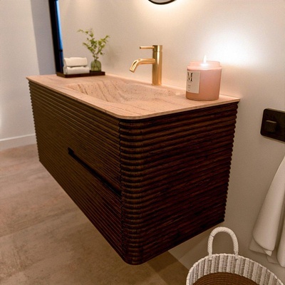 Mondiaz CIRO-DLUX Badkamermeubelset - 110x45x50cm - Solid surface wastafel Saba - 1 wasbak Rechts - 1 kraangat - 2 lades - Walnut