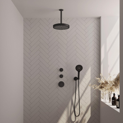 BRAUER Stripe Douche de tête thermostatique encastrée - SET 03 - pomme de douche 25cm - bras plafond - douchette sur barre - flexible de douche - coude mural - noir mat