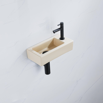 QeramiQ Fuente pack lave-mains – 37,5 x 18,5 x 9 cm – céramique beige – perçage à droite – robinet noir mat