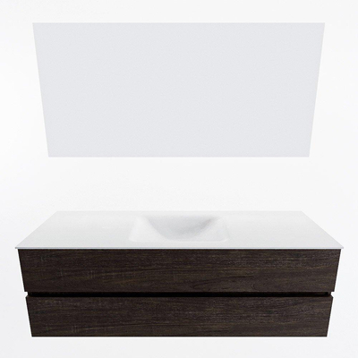 Mondiaz VICA ensemble de meuble de salle de bain - 150cm - meuble sous-vasque marron foncé - 2 tiroirs - lavabo cloud milieu - sans trous de robinet - couleur talc - miroir LED - version XL 60cm de haut