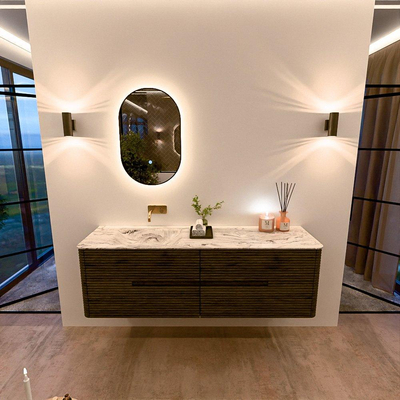 Mondiaz CIRO-DLUX Meuble de salle de bains - 160x45x50cm - Vasque solid surface Glace - 1 bassin à gauche - sans trous de robinet - 4 tiroirs - Shadow