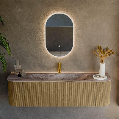 MONDIAZ KURVE-DLUX 160cm meuble de salle de bains arrondi Gauche + Droite couleur Dusk avec 1 tiroir et 2 portes. Lavabo BIG MEDIUM Milieu 1 trou de robinet Oza.