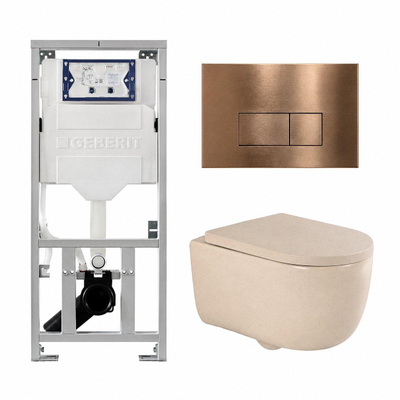 QeramiQ Dely Swirl Ensemble WC- 36.3x51.7cm - Réservoir encastré Geberit UP320 - Abattant de 35mm d'épaisseur - Plaque de commande en cuivre - Boutons rectangulaires - Beige