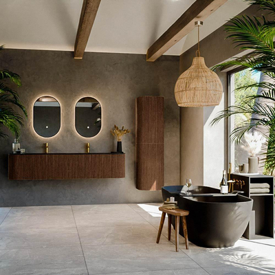 MONDIAZ KURVE 190cm Meuble salle de bain avec module 25 G et D - couleur Walnut - 2 tiroirs - 2 portes - vasque BIG SMALL double - 2 trous de robinet - Urban