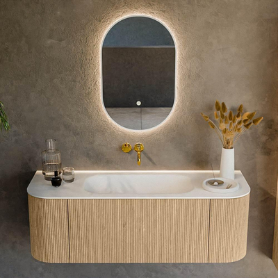 MONDIAZ KURVE 130cm Meuble salle de bain avec module 25 G et D - couleur Oak - 1 tiroir - 2 portes - vasque BIG SMALL centre - sans trous de robinet - Talc