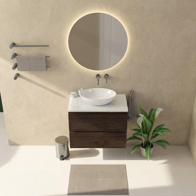 Saniclass Holz Atelier Ensemble meuble de salle de bains - 80x45x63cm - Plan vasque en marbre Dia poli (blanc) - sans trou de robinet - 2 tiroirs - chêne charcoal mat (bois)
