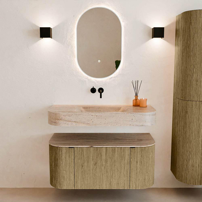 MONDIAZ THOR-DLUX 100cm meuble de salle de bains arrondi gauche + droite couleur Dusk avec 1 tiroir et 2 portes. Vasque suspendue CLOUD Milieu sans trou de robinet couleur Saba.