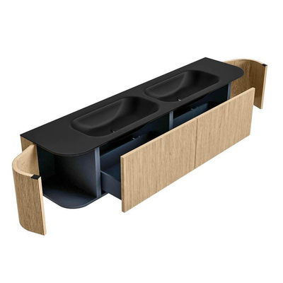 MONDIAZ KURVE meuble de salle de bains 190cm avec module 25 Len R couleur Oak avec 2 tiroirs et 2 portes. Lavabo BIG SMALL double sans trou de robinet Urban.