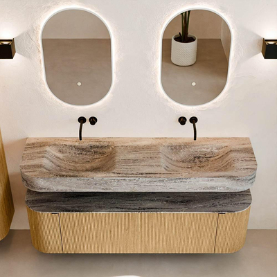 MONDIAZ THOR-DLUX 160cm badmeubel ronding links + rechts kleur Oak met 1 lade en 2 deuren. Vrijhangende wastafel CLOUD Dubbel zonder kraangat kleur Oza.