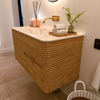 Mondiaz CIRO-DLUX Badkamermeubelset - 100x45x50cm - Solid surface wastafel Nata - 1 wasbak Midden - zonder kraangaten - 2 lades - Oak