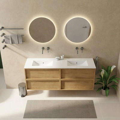 Saniclass Holz Frame Ensemble de meubles de salle de bains - 160x45x62cm - lavabo en céramique Vygo blanc - 2 vasques - sans trous de robinet - 4 tiroirs - chêne natural mat (bois)