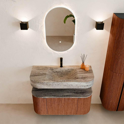 MONDIAZ THOR-DLUX 100cm meuble de salle de bains arrondi gauche + droite couleur Ruby avec 1 tiroir et 2 portes. Vasque suspendue CLOUD Milieu 1 trou de robinet couleur Oza.