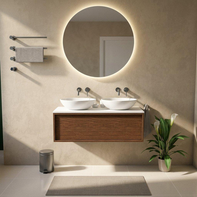 Saniclass Holz Frame Ensemble de meubles de salle de bains - 120x45x42.5cm - plan de toilette Torino en solid surface blanc - sans trou de robinetterie - 1 tiroir - noyer pur mat (bois)