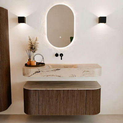 MONDIAZ THOR-DLUX 120cm badmeubel ronding links + rechts kleur Walnut met 1 lade en 2 deuren. Vrijhangende wastafel CLOUD Midden zonder kraangat kleur Arena.