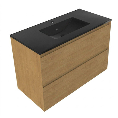 Saniclass Holz Pure Ensemble de meubles de salle de bains - 100x45x62cm - Lavabo Vygo en céramique noir - 1 vasque - 1 trou de robinetterie - 2 tiroirs - chêne natural mat (bois)