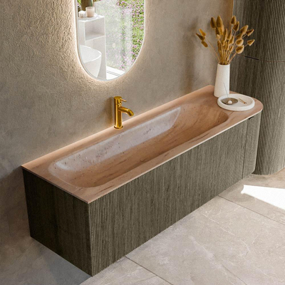 MONDIAZ KURVE-DLUX 145cm meuble de salle de bains arrondi Droite couleur Shadow avec 1 tiroir et 1 porte. Lavabo BIG LARGE Gauche 1 trou de robinet Saba.