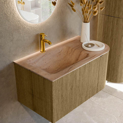 MONDIAZ KURVE-DLUX Meuble de salle de bains 85cm arrondi à droite couleur Dusk avec 1 tiroir et 1 porte. Lavabo CLOUD à gauche 1 trou de robinet Saba.