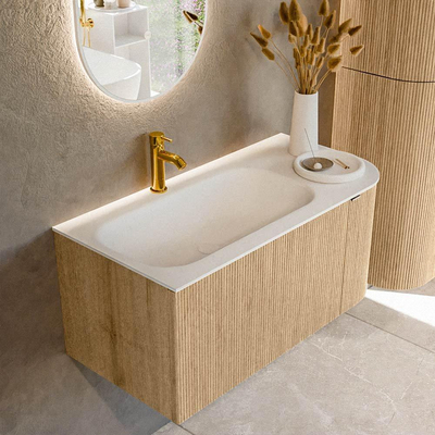 MONDIAZ KURVE Meuble de salle de bains 95 cm avec module 25 R couleur Chêne avec 1 tiroir et 1 porte. Lavabo BIG SMALL gauche 1 trou de robinet Talc.