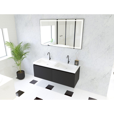 HR Matrix ensemble meuble de salle de bain 3d 120cm 2 tiroirs sans poignée avec bandeau couleur noir mat avec vasque djazz double 2 trous de robinetterie blanc