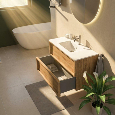 Saniclass Holz Frame Ensemble de meuble de salle de bains - 100x45x62cm - Lavabo Vygo en céramique blanc - 1 vasque - 1 trou de robinetterie - 2 tiroirs - chêne natural mat (bois)