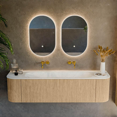 MONDIAZ KURVE-DLUX 170cm Meuble salle de bain avec module 25 G et D - couleur Oak - 1 tiroir - 2 portes - vasque BIG LARGE centre - sans trou de robinet - couleur Opalo