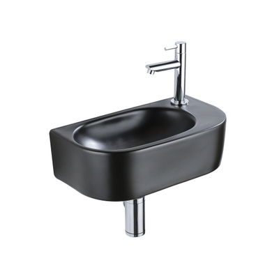 Fugaflow Efficiente Pietra Ensemble de fontaine - 40x21,5x12cm - droite - lisse - demi-rond - 1 trou de robinet - céramique - robinet de fontaine chrome - bouchon de vidange - siphon abaissé - noir mat