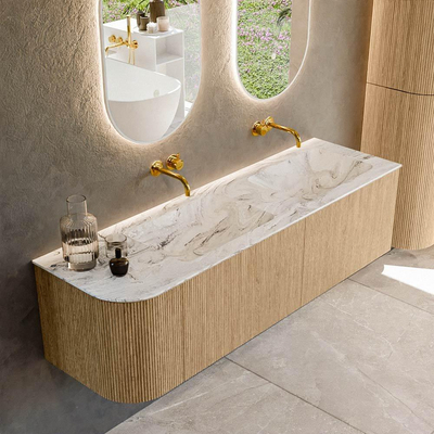 MONDIAZ KURVE-DLUX 155cm Meuble salle de bain avec module 25 G - couleur Oak - 2 tiroirs - 1 porte - vasque LEAF double / droite - sans trou de robinet - couleur Glace