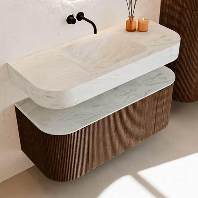 MONDIAZ THOR-DLUX 110cm meuble de salle de bains arrondi gauche + droite couleur Walnut avec 1 tiroir et 2 portes. Vasque suspendue CLOUD Milieu sans trou de robinet couleur Opalo.