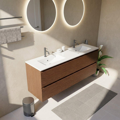 Saniclass Holz Pure Ensemble meuble de salle de bains - 160x45x62cm - lavabo Vygo en céramique blanc - 2 vasques - 2 trous de robinetterie - 4 tiroirs - noyer pure mat (bois)
