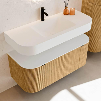 MONDIAZ THOR 110cm meuble de salle de bains arrondi gauche + droite couleur Chêne avec 1 tiroir et 2 portes. Vasque suspendue CLOUD Milieu 1 trou de robinet couleur Talc.