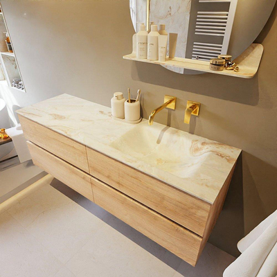 Mondiaz VICA-DLUX ensemble de meuble de salle de bain - 150cm - meuble sous-vasque chêne blanchi - 4 tiroirs - lavabo encastré cloud droite - sans trous de robinet - version haute de 60cm - frape