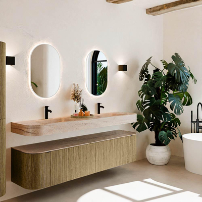 MONDIAZ THOR-DLUX 190cm meuble de salle de bains arrondi gauche + droite couleur Dusk avec 2 tiroirs et 2 portes. Vasque suspendue CLOUD Double 2 trous de robinet couleur Saba.