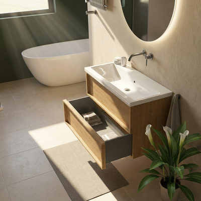 Saniclass Holz Frame Ensemble meuble de salle de bains - 100x45x63.5cm - lavabo Bari en céramique blanc - 1 vasque - sans trou de robinet - 2 tiroirs - chêne natural mat (bois)