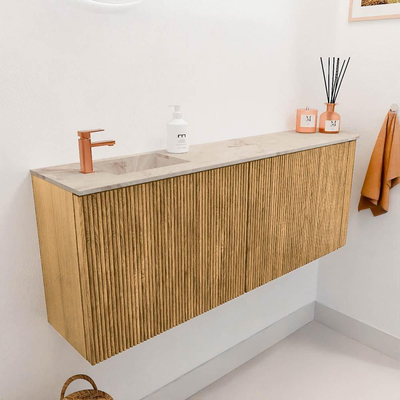 Mondiaz JOYA-DLUX 111.6cm meuble WC - arrondi à droite couleur Chêne - Lavabo FAYE position Gauche 1 trou de robinet couleur Frappe.