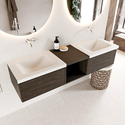 Mondiaz bukla ensemble de meubles de salle de bain 160x45x34cm 0 robinetterie 2 lavabos surface solide talc sans poignée 2 tiroirs avec softclose mélamine marron foncé