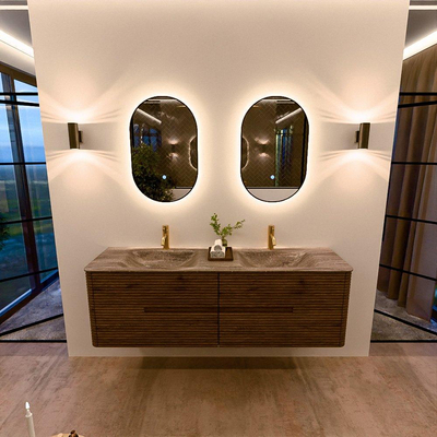Mondiaz CIRO-DLUX Badkamermeubelset - 160x45x50cm - Solid surface wastafel Oza - 2 wasbak Dubbel - 2 kraangaten - 4 lades - Dusk
